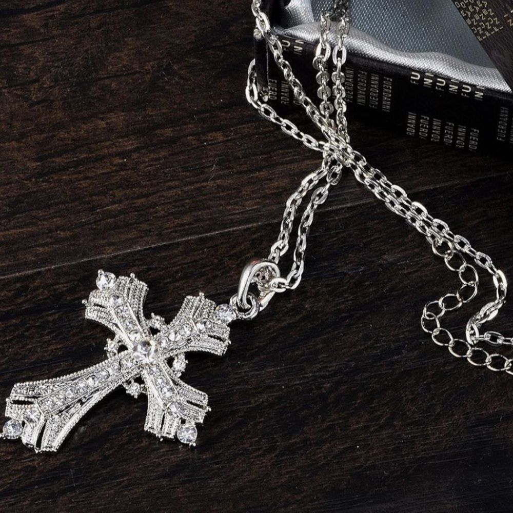 Gothic Black Beaded Cross Necklace Y2K Emo Grunge Chrome Hearts Style 24” Silver